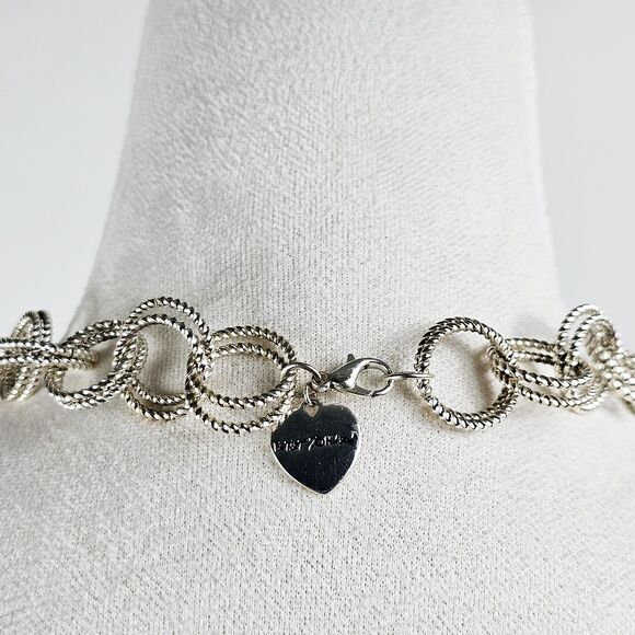 Betsey Johnson Silver Tone Long Textured Double Circle Links Chain Necklace - Picture 3 of 6